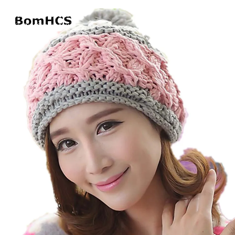 BomHCS Autumn Winter Warm Girls' Hat New Style Handmade Knitted Beanie (Tricolor Stitching)