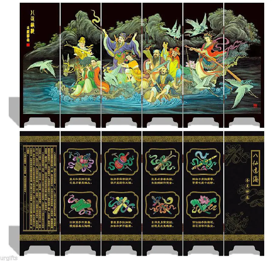 Folding Screen 6 Panel Double Side Souvenir Eight Fairies Immortals Crossing Sea Home table decor