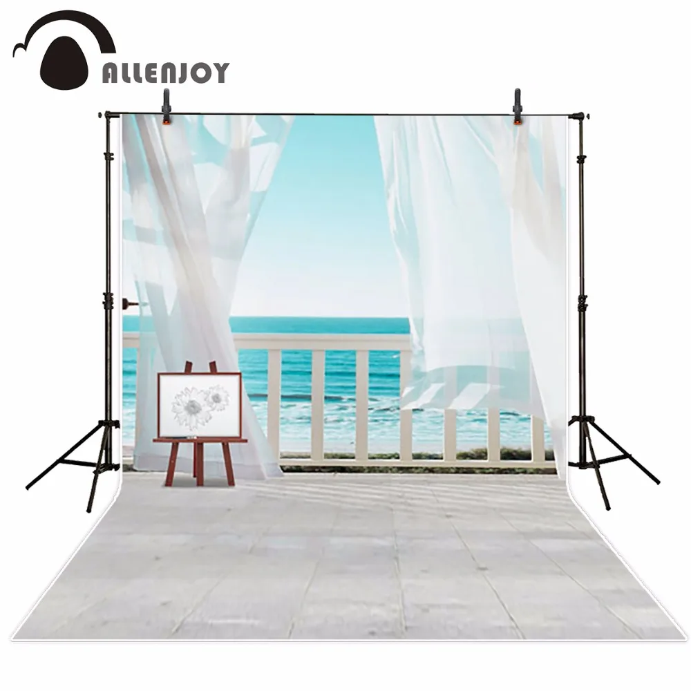 Allenjoy photography background Wedding holiday Blue dreamy sea white curtain fence drawing board backdrops photobooth props