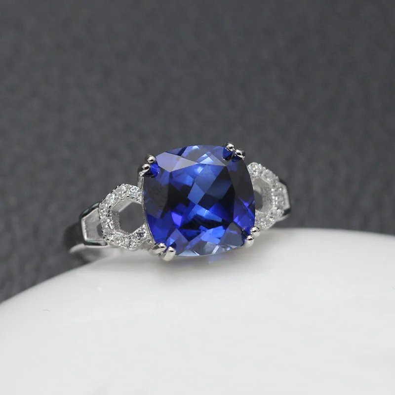 blue stone jewelry rings for women 925 sterling silver blue corundum ring trendy square shape Resizable free shipping