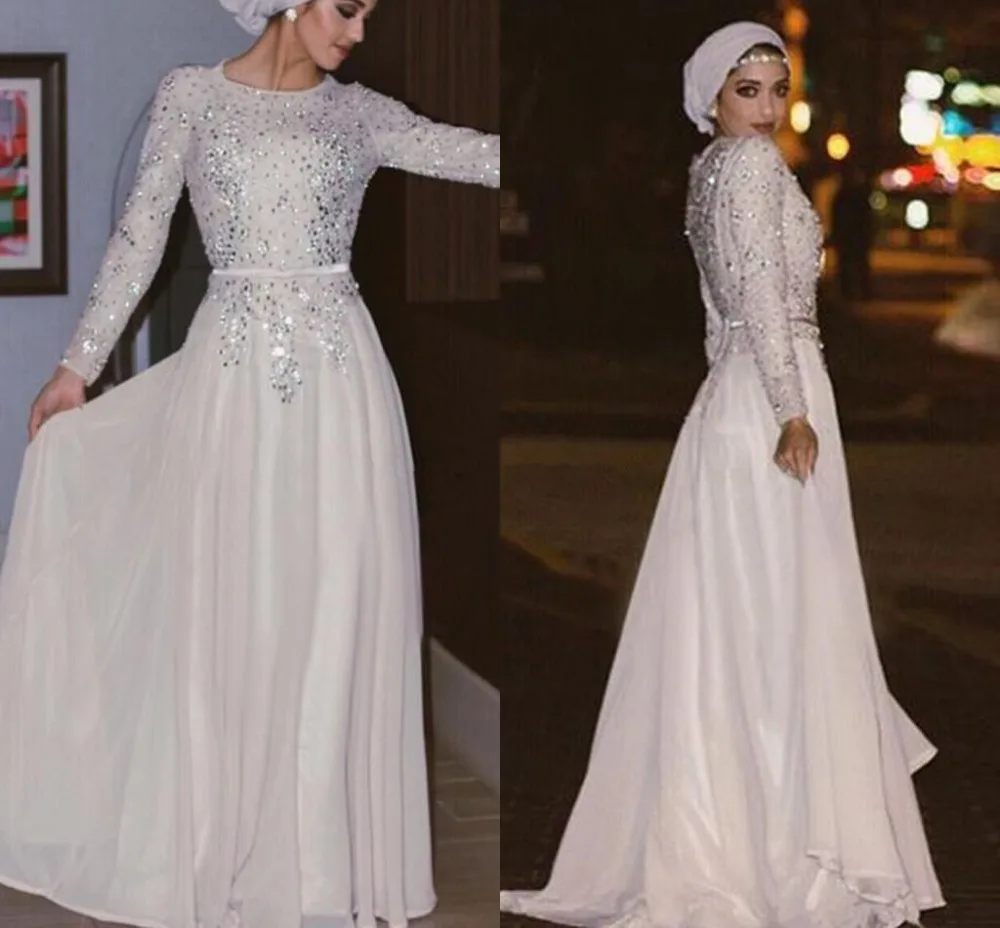 

Elegant Muslim Evening Dresses A-line Long Sleeves Chiffon Crystals Islamic Dubai Saudi Arabic Long Formal Evening Gown