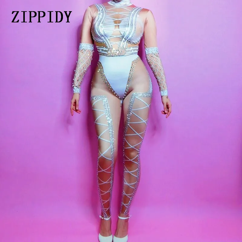 

Bling Crystals Rompers Women's sexy Nude Jumpsuit Party Costume Stage Wear Bodysuit Women Singer Rhinestones Stretch Outfit