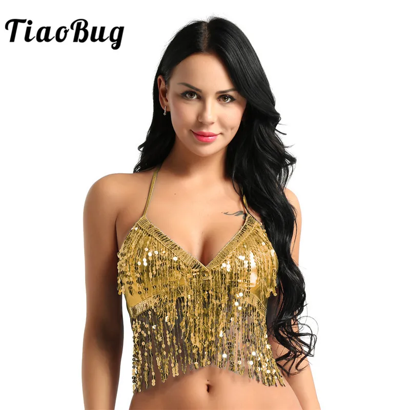 

TiaoBug Women Fashion Halter Bra Top with Sequins Tassel Latin Belly Dance Costume Club Party Festival Rave Dance Sexy Crop Tops