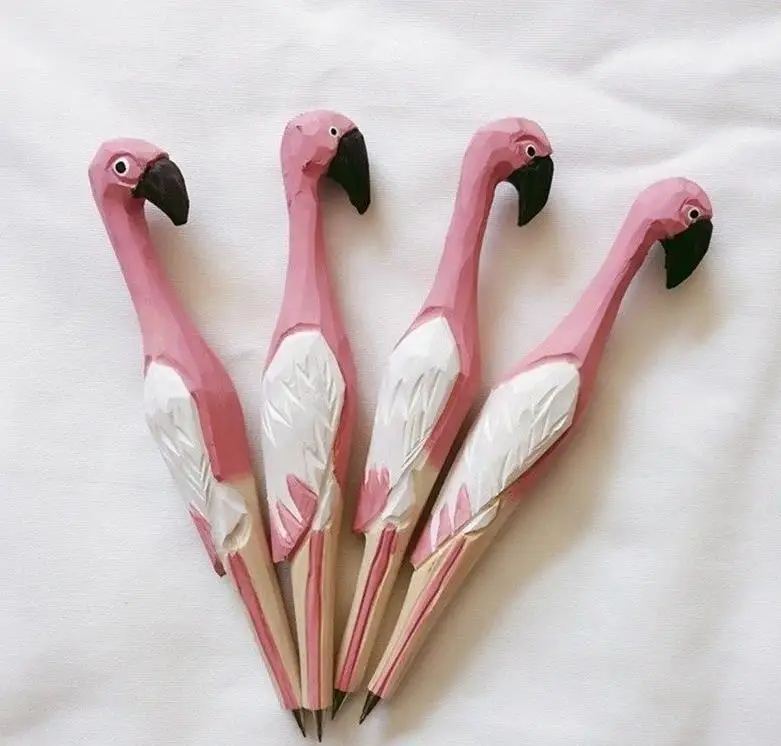 Pink Flamingo Ballpoint Biro Pen Handmade Carved Wood Animal Stationery Tropical Bird Craft Pen Party Favor Students Prize 150PC