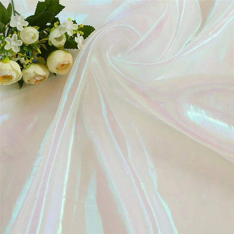 Designer Fluorescent Fabrics Colorful Shiny Gauze Dress Fabric Stage Wedding Decor Tissue Voile Transparent Holographic Fabric