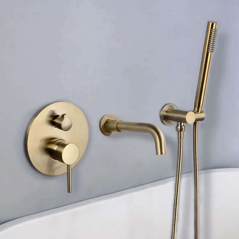 

Luxury Brushed gold Brass Wall mounted Bathtub faucet Cold hot water Rotatable shower faucet set,single handle dual control