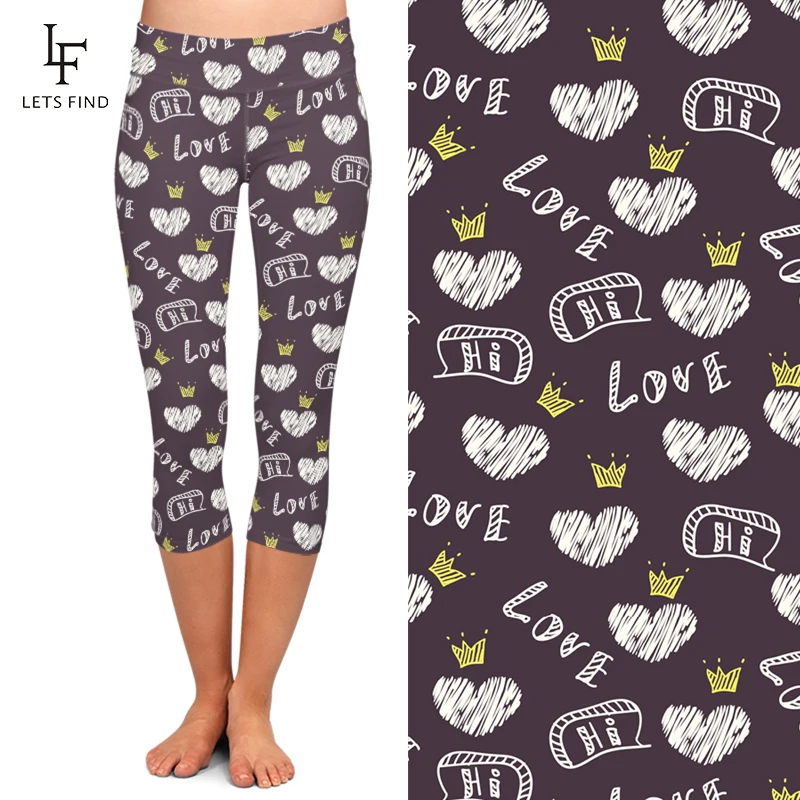 LETSFIND 2019ฤดูร้อนผู้หญิงพิมพ์กลางลูกวัว Leggings เอวสูง Love ออกแบบผ้าไหมพิมพ์ Capri กางเกงขายาวออกกำลังกายกางเกงยืด