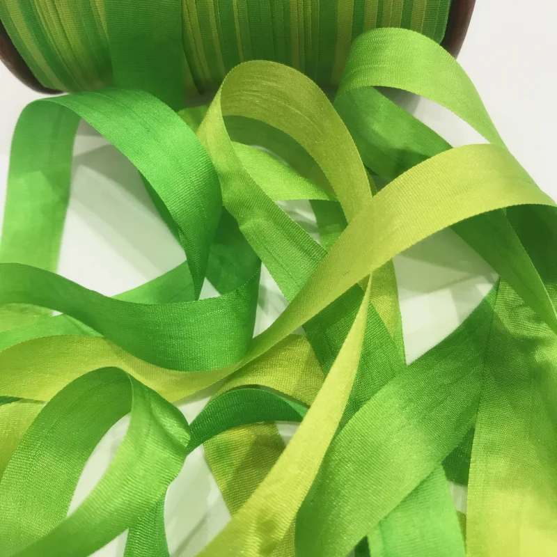 13mm,100% real pure silk ribbons green variegated double face taffeta silk for embroidery and handcraft project,gift packing