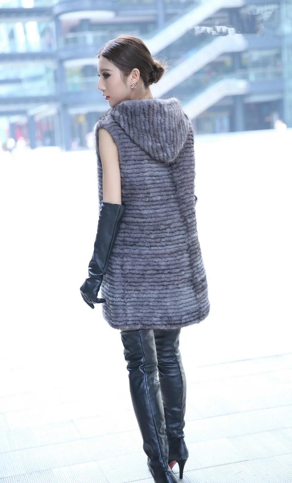 winter ladies fur vest genuine mink fur knitted warm outerwear with hood and belt  80cm long gray black autumn waistcoat K211