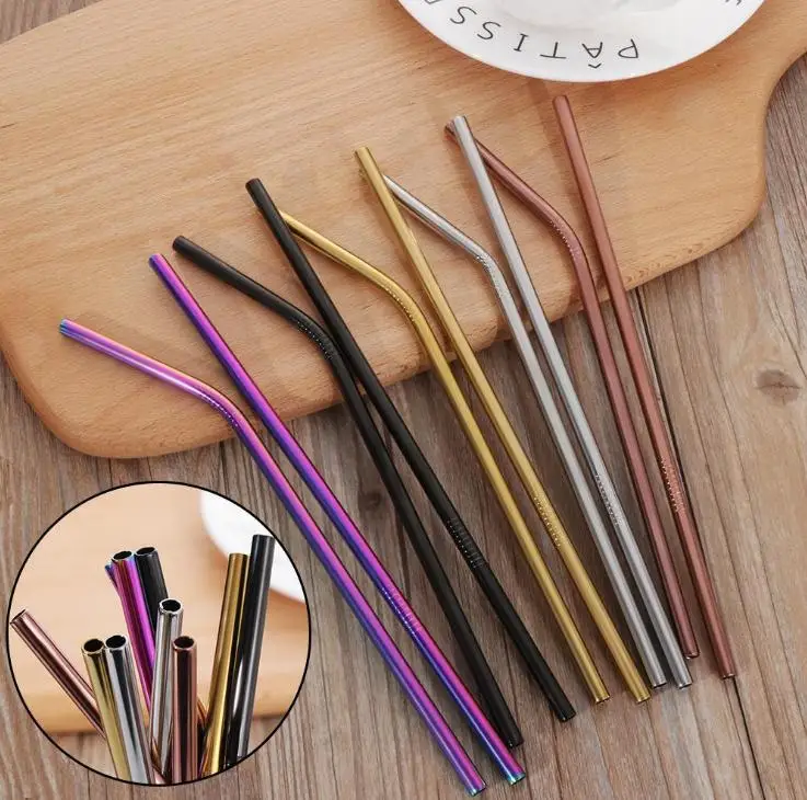 400Pc High Quality Colorful Straw 304 Stainless Steel Straws Reusable Bent Metal Drinking Straw with Cleaner Brush SN2437