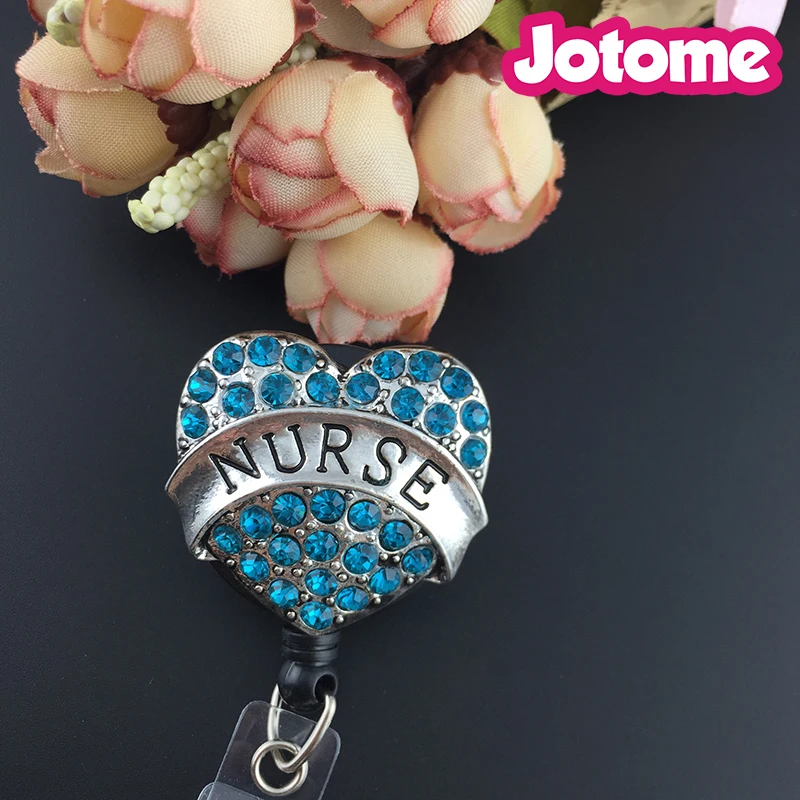 Wholesale free shipping Rhinestone Nurse Blue Heart Retractable ID Badge Reel  Holder for doctor teacher