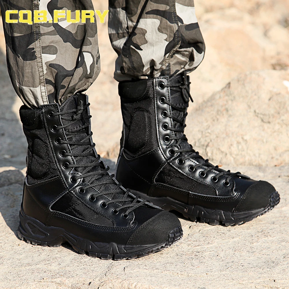 CQB.FURY Mens Leather Tactical Boots ankle strap black Leather Boots comfortable Breathable size 38-46 ZD-Airborne