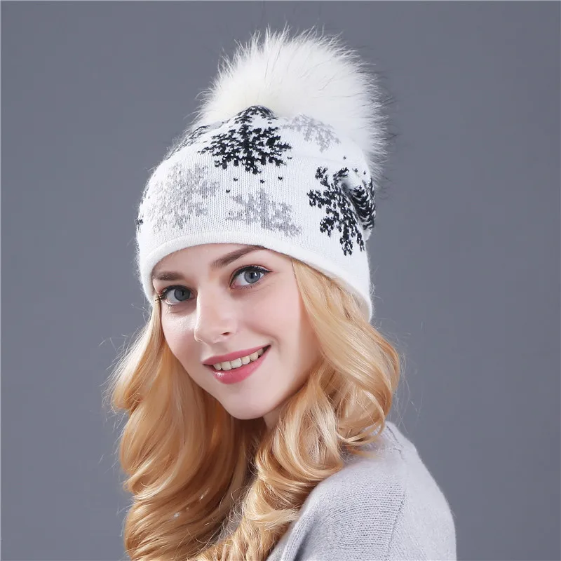 Xthree Real Mink Pom Poms Wool Rabbit Fur Knitted Hat Skullies Winter Hat for Women Girls Hat Beanies Christmas snow Hat