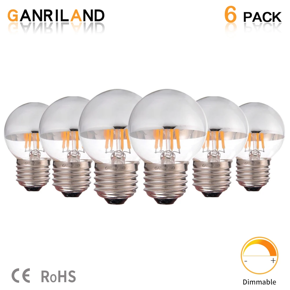 GANRILAND G45 Globe Light Lamp Dimmable LED Filament Silver Bowl bulb with Mirror Led E26 E27 4W (25W Equivalent) 2700K 6000K