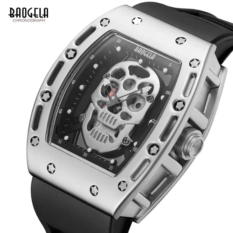 Baogela Mens Fashion Military Silicone Strap Rectangle Dial Skull Face Sport Quartz Wrist Watches BGL1612G-1