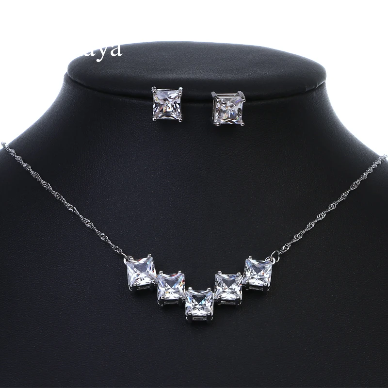 Emmaya Brand Luxury AAA Cubic Zircon Adjustable Geometic Crystal Earrings Necklace Set For Women Popular Bride Jewelry Gift