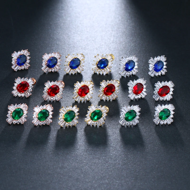 EMMAYA Luxury Gold Color Big Red Cubic Zirconia Stone Fashion Bridal Wedding Stud Earrings Jewelry Accessories