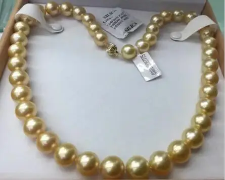 

free shipping noble jewelry 12-15mm natural south sea gold pearl necklace 14 K gold