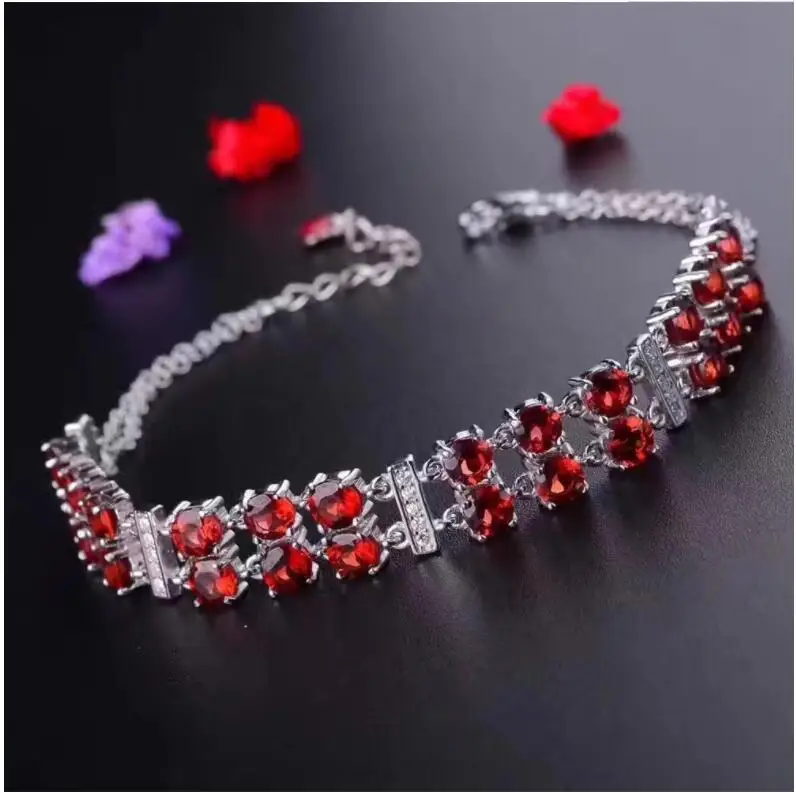 Garnet chain bracelet Free shipping Real natural red garnet 925 sterling silver Luxury bracelets 4mm 24pcs