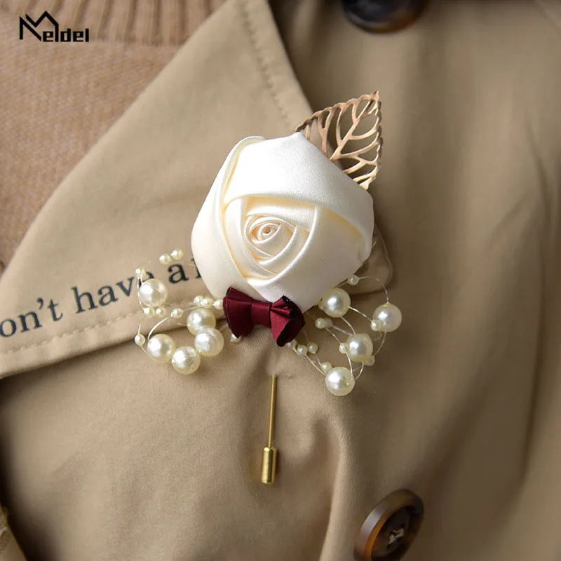 Meldel Boutonniere Chú Rể Cưới Cao Cấp Hoa Hồng Xòe Giả Ngọc Trai Đầm Dự Tiệc Dạ Hội Xòe Lapel Pin Trang Trí Trâm Cài Khuy