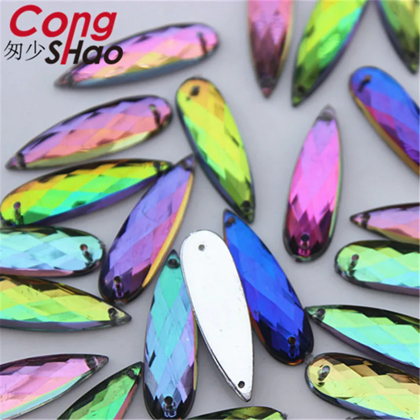 Cong Shao 100pcs 8*21/8*28mm Rainbow color Crystal Stones Acrylic Rhinestone Flat Back  sewing 2 Hole Wedding Dress Button CS338