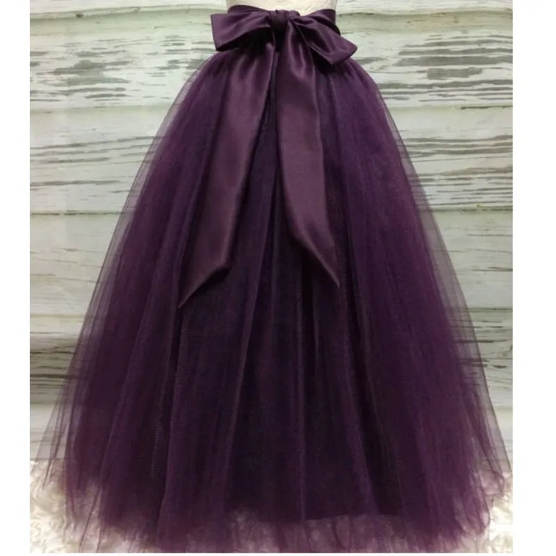 Puffy Dark Purple Long Tulle Skirts For Women With Riffon Sash Puffy Tutu Skirt Female Adult Saias Custom Made New Elastic