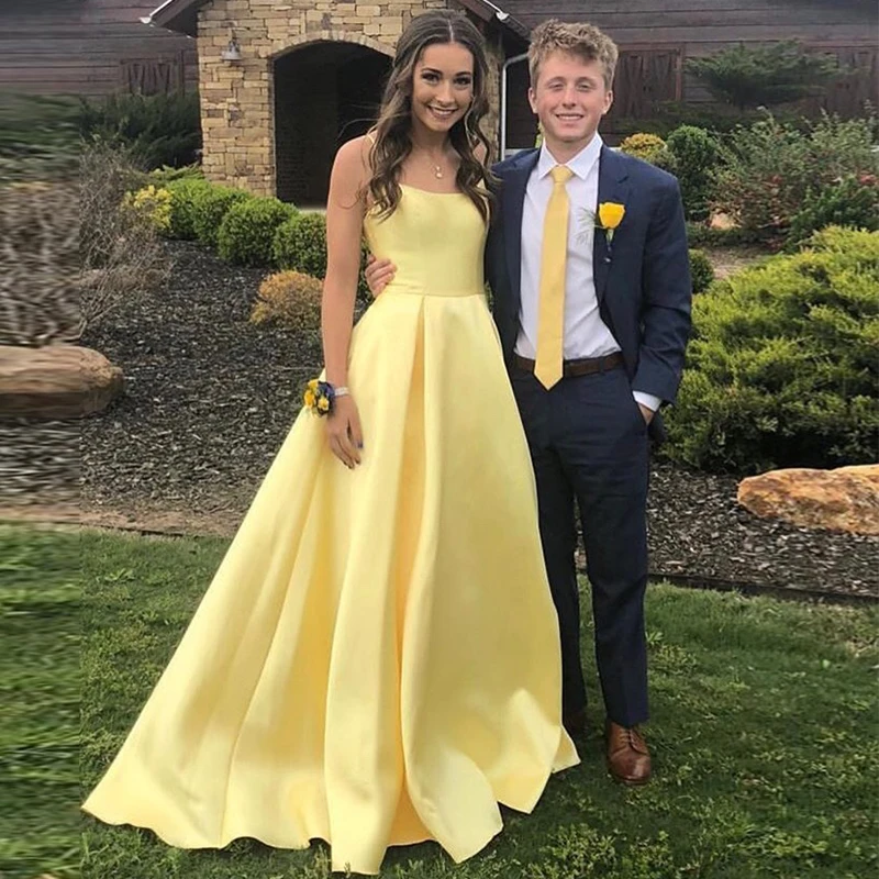 

Long Prom Dresses Spaghetti Straps Yellow Satin Simple Formal Women Party Evening Gowns A-Line Vestido De Festa Prom Gowns