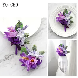 YO CHO Wedding Boutonniere nadgarstek stanik bransoletka druhna mężczyźni stanik fioletowy jedwabne róże orchidea małżeństwo Prom materiały ślubne