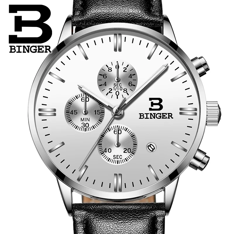 Genuine BINGER Quartz Male Watches Genuine Leather Watches Racing Men Students Game Run Chronograph Watch Male Glow Hands 2017