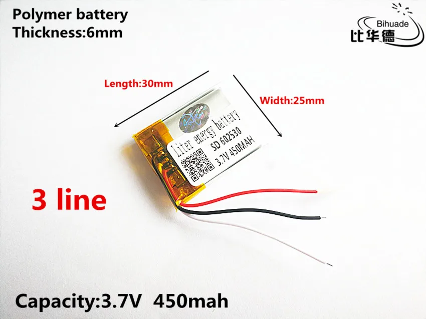 10 pz/lotto 3 linea di Buona Qulity 3.7 V, 450 mAH, 602530 Polimero agli ioni di litio/batteria Li-Ion per il GIOCATTOLO, BANCA di POTERE, GPS, mp3, mp4