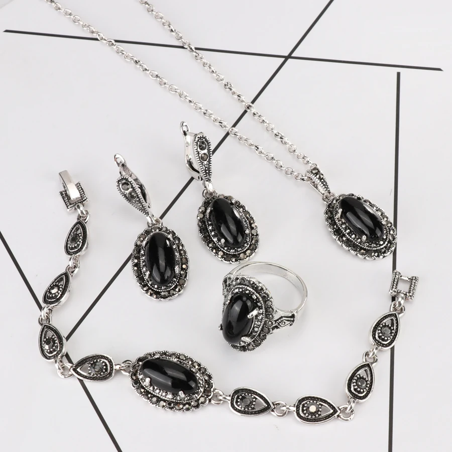 Kinel New 4Pcs Retro Jewelry Sets Black Pendant Necklace And Earring Bracelet Ring For Women Fashion Jewelry Set Gift