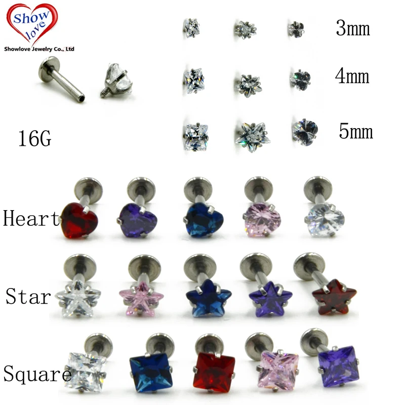 Showlove-3Pcs Mixed Color Zircon Internanlly Threaded Labret Monroe Lip Studs Rings Ear Piercing Body Jewelry