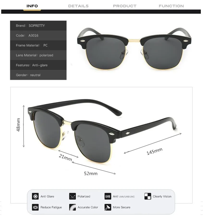 Classic Unisex Half Frame Polarized Sunglasses For Men & Women ,Semi-Rimless Flash Mirror TAC Sunglass Male Sun Glasses A8830