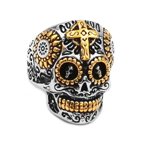 Wholesale Kapala Skull Biker Ring Stainless Steel Jewelry Fashion Gold Silver Color Cross Motor Biker Men Ring Hot Sale SWR0682