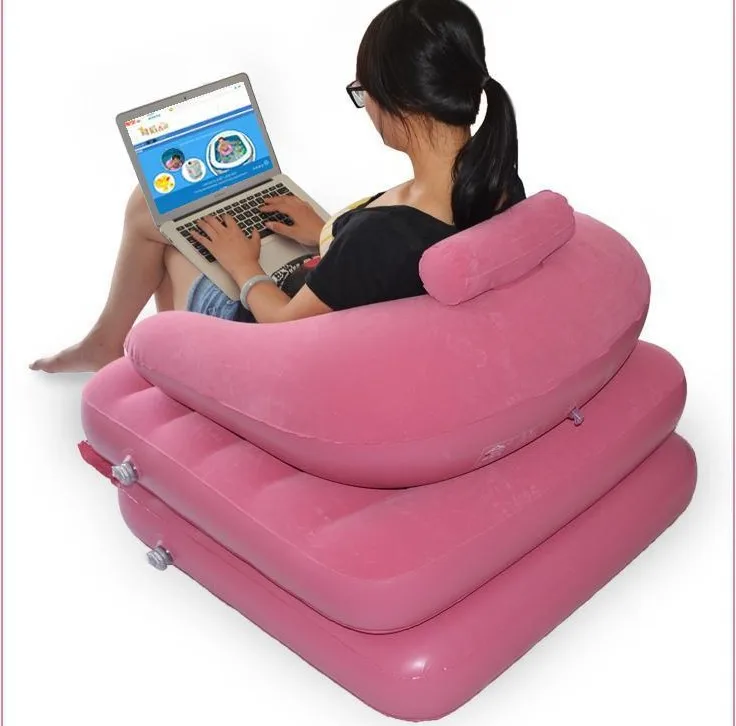 Pink Flocking inflatable sofa bed dual lounger folding pajamas lazy sofa seat,2 in 1 functional foldable beds can be chair too