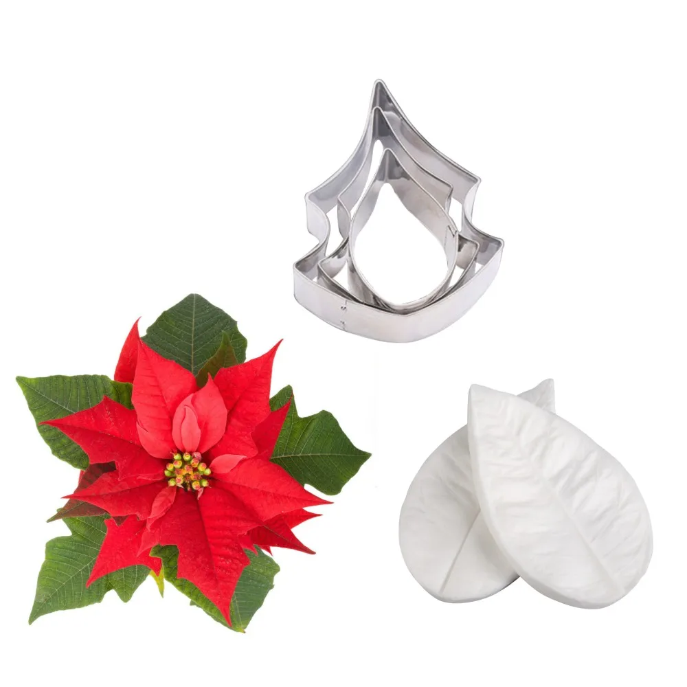 5pcs Poinsettia Veiner Impression Flower Mold & Cutter Set Silicone Mold Cake Decorating Fondant  Sugarcraft Cake Mold