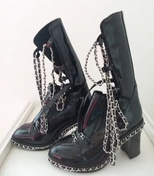 Punk Style Black Patent Leather Silver Chain Ankle Boots Ankle Boots For Women Chunky High Heel Ridding Boots High Quality