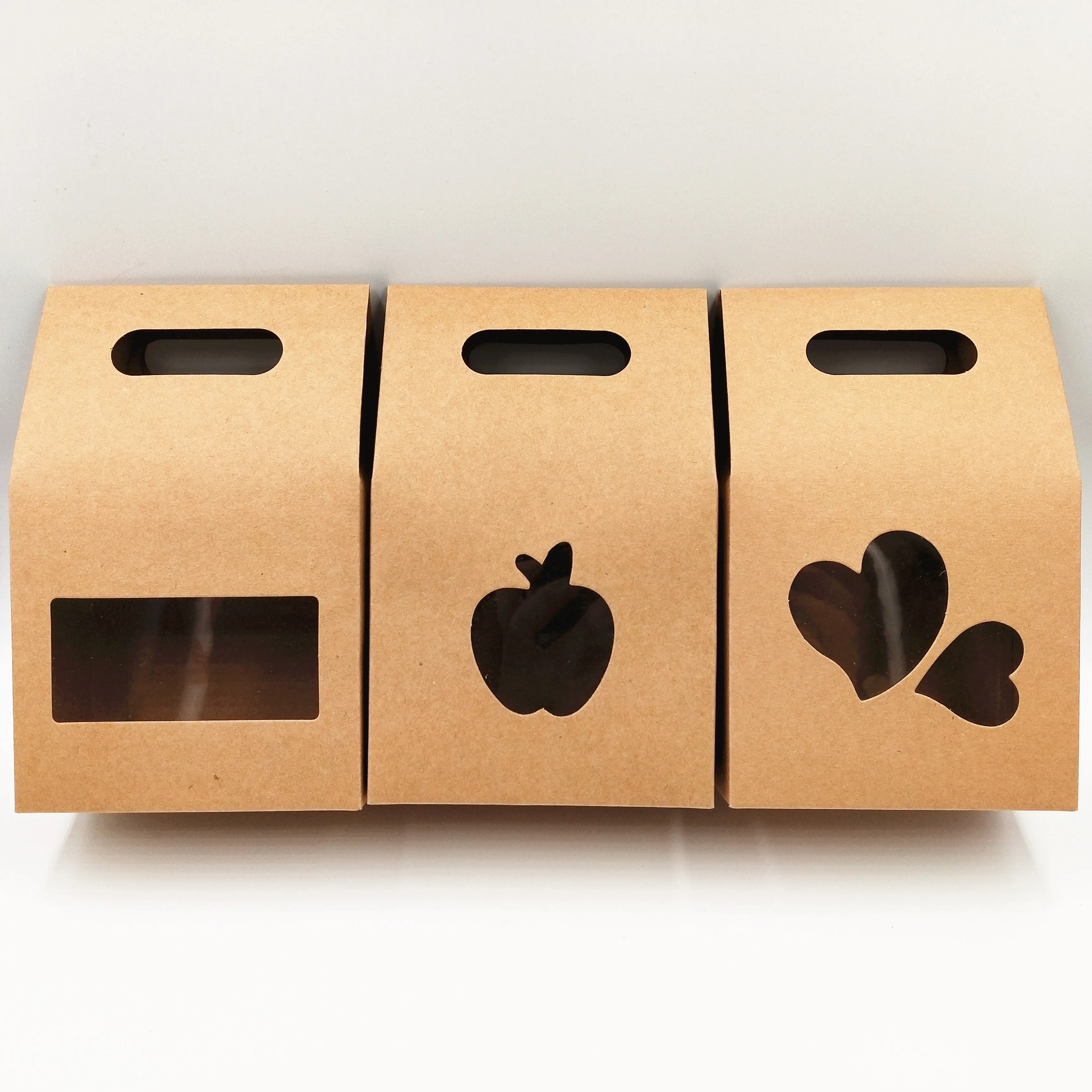 30Pcs Brown Kraft Paper Bags With Three Kind Clear PVC Windows for Jewelry/Apple/Cake Christmas Eve Gifts Carrying Packing Box