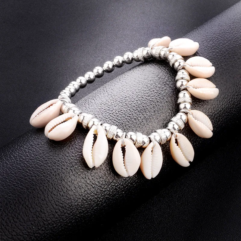 Bohemian Handmade Simple Metal Beads Shell Pendants Stretch Bracelets Anklets For Women\'s Seaside Travel Vacation Sexy Jewelry