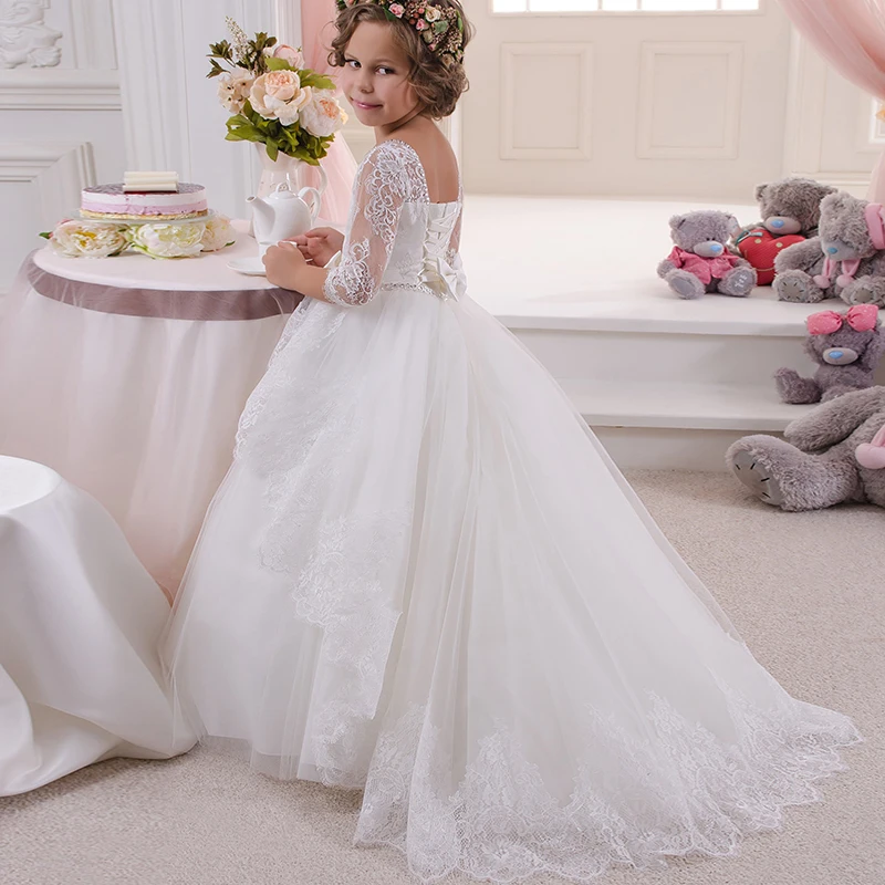 3/4 Long Sleeves Lace Sheer Beaded Flower Girls Dresses For Wedding Birthday Party Toddler Long Formal Gown Vestidos Comunion