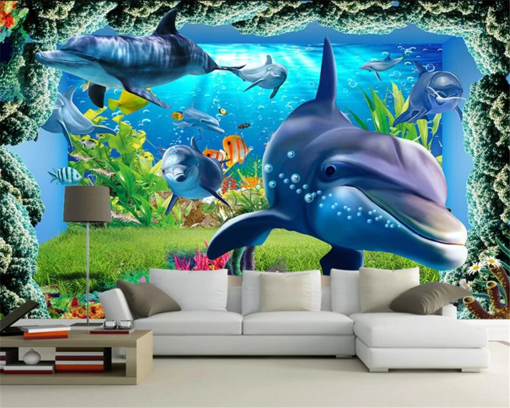 

Beibehang Custom Photo Wallpaper 3d Stereoscopic Underwater World dolphin Fish Children's Room TV Background Mural 3d Wallpaper