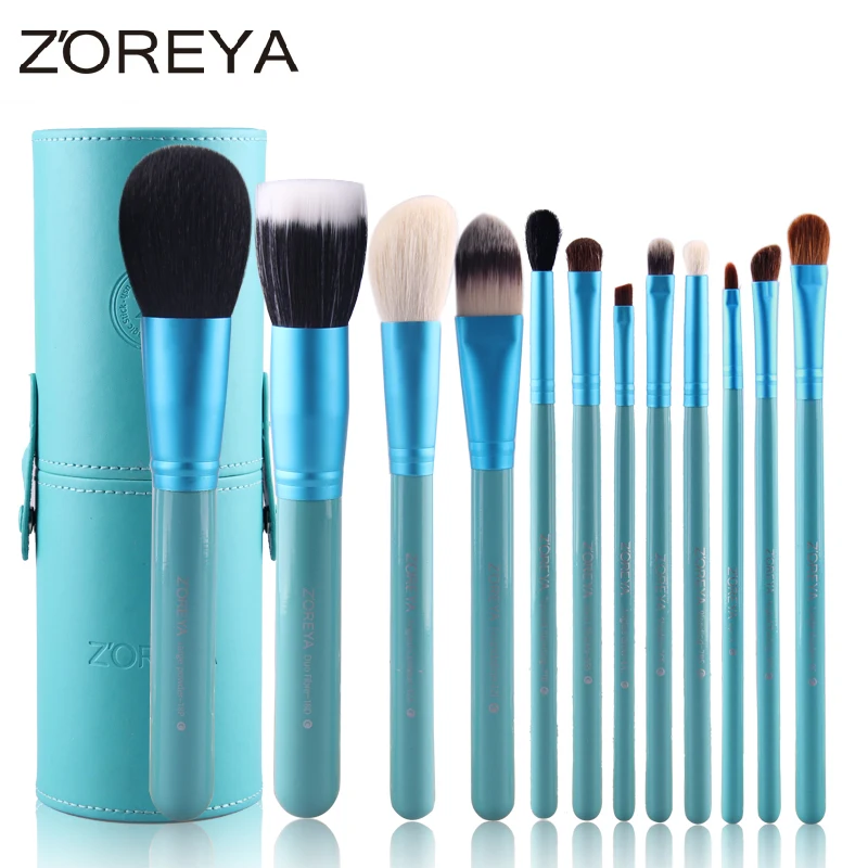 Zoreya Brand 12pcs Natural Goat Hair Makeup Brushes Women Professional Cosmetic Tool Make Up Holder Powder Brush Set Animal Wool