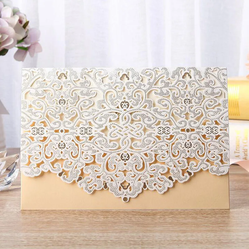 

50pcs White Gold Luxury Flora Laser Cut Wedding Invitations Card Personalized Custom Printable Event Party Wedding Decoration