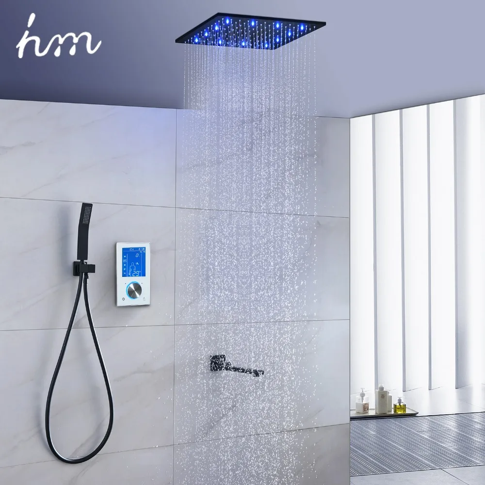 hm 16Inch Thermostatic Shower System Touch Screen Digital Display LED Showerhead 180 Degree Rotating Lower Black Faucet Set