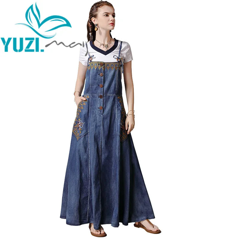 

Summer Dress 2019 Yuzi.may Boho New Denim Women Dresses Strapless Single Breasted Vintage Embroidery Vestidos A82171 Vestido