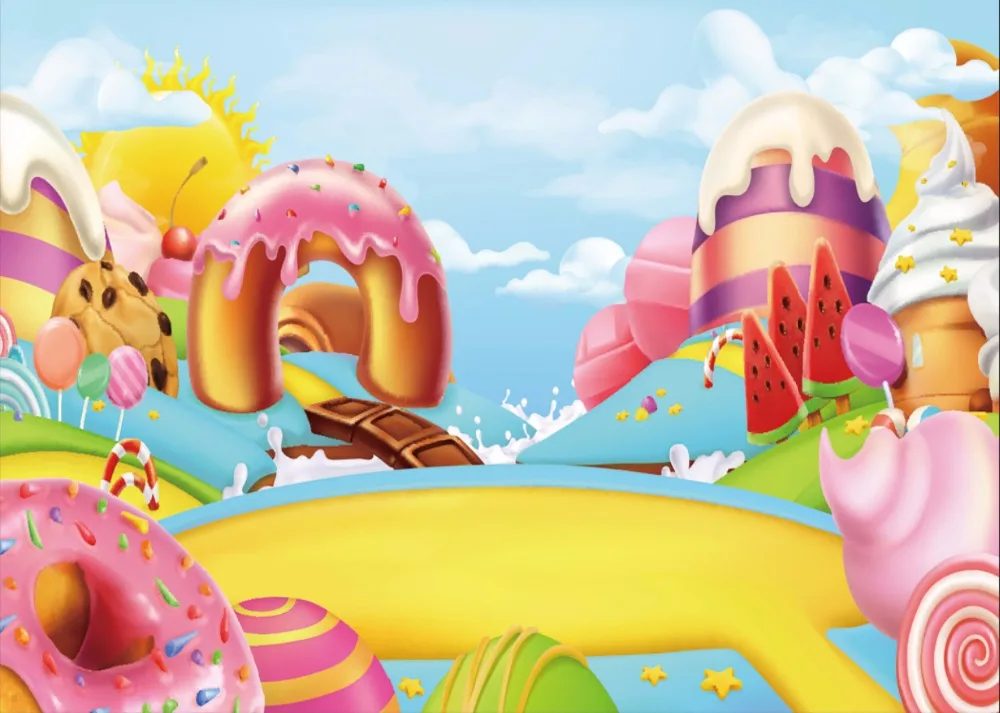 7x5FT Clouds Sky Candyland Ice Cream House Chocolate Arch Candy Land Custom Photo Studio Background Backdrop Vinyl 220cm x 150cm