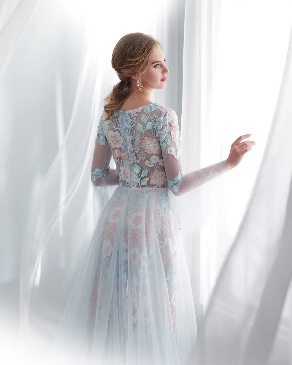 JaneVini-vestidos de baile de graduación de manga larga, exquisitos vestidos de fiesta formales de tul con encaje bordado en la espalda transparente, personalizados, 2020