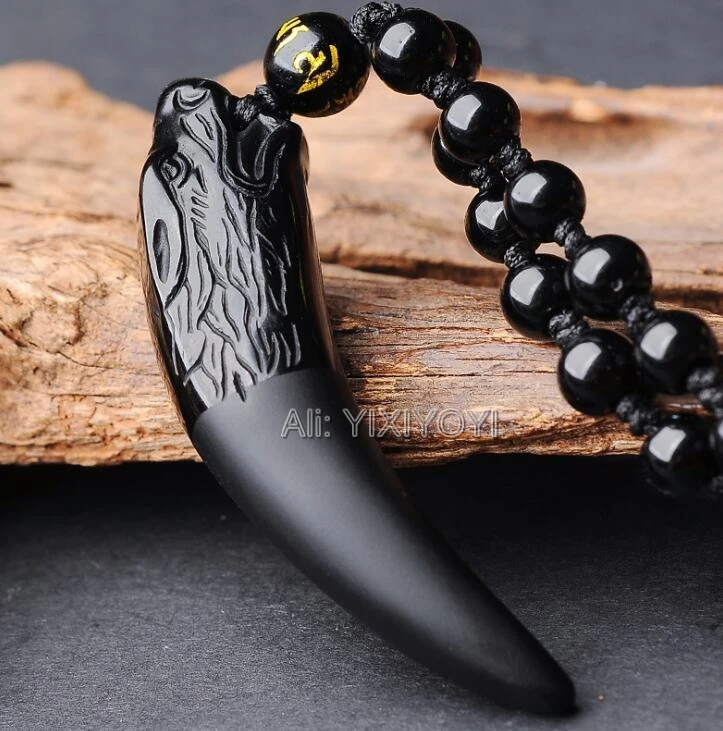 Drop Ship Chinese Handwork Natural Black Obsidian Carved Long Wolf Head Amulet Lucky Pendant + Free Beads Necklace Jewelry