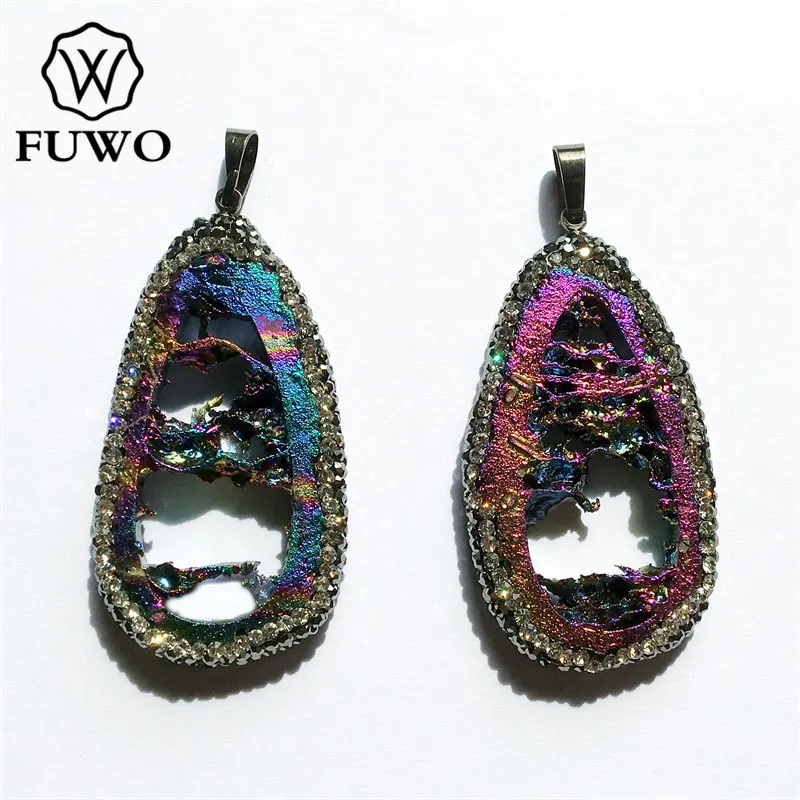 

FUWO Fashion Titanium Druzy Slice Pendant With Pave Crystal Natural Geode Quartz Rainbow Plated Pendant Wholesale PD1543