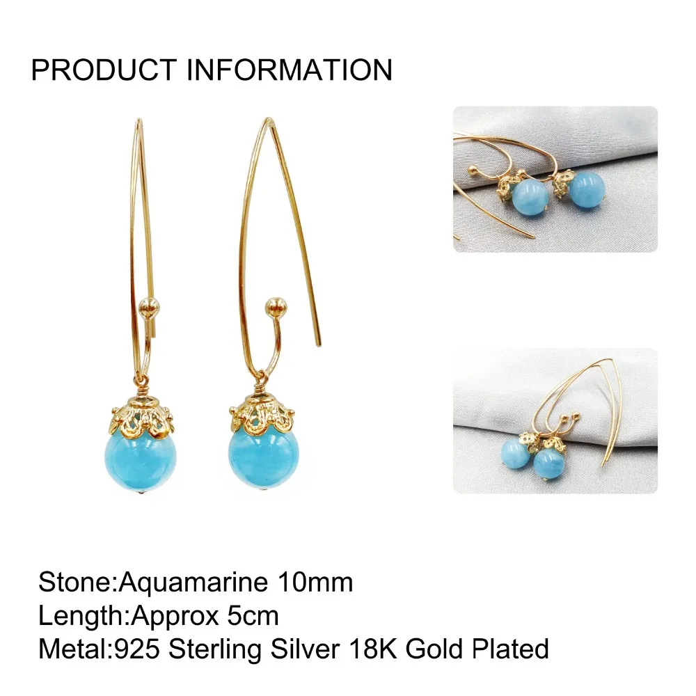 Lii Ji Gemstone Natural Blue Aquamarine 10mm 925 Sterling Silver 18K Gold Plated Long Drop Earrings